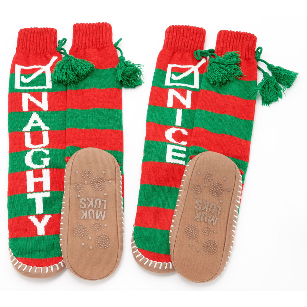 MUK LUKS Set of 2 Holiday Original Slipper Socks Red/Green Stripe L/XL Size